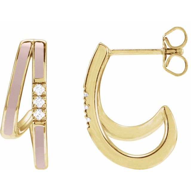 14K 1/10 CTW Natural Diamond & Pink Enamel Hoop Earrings