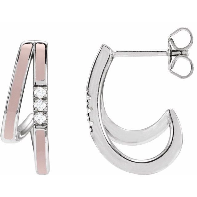 14K 1/10 CTW Natural Diamond & Pink Enamel Hoop Earrings