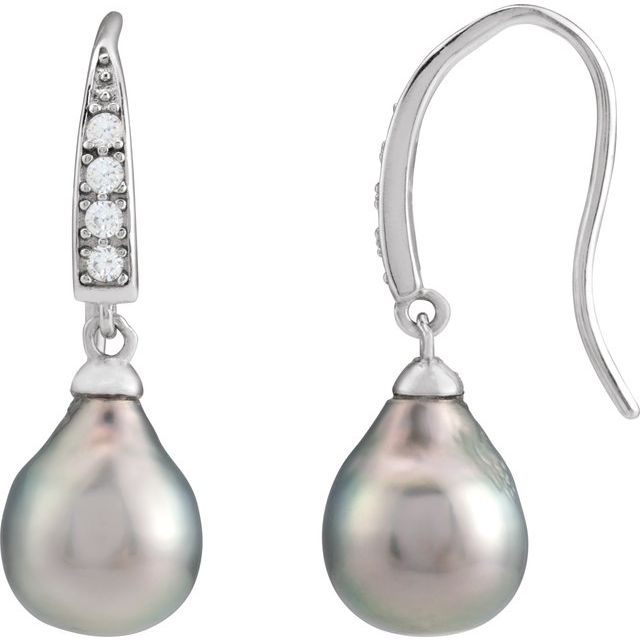 Rhodium-Plated Sterling Silver Cultured Gray Tahitian Pearl & Imitation Cubic Zirconia Earrings