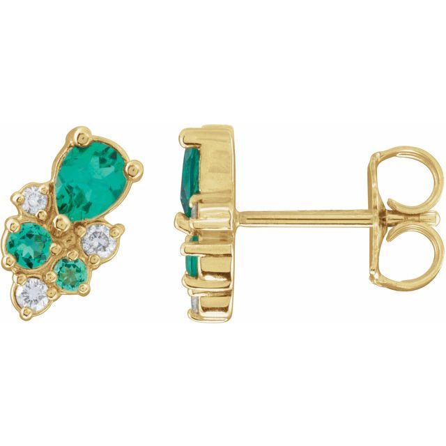 14K Lab-Grown Emerald & .07 CTW Lab-Grown Diamond Cluster Earrings