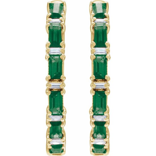 14K Natural Emerald & 1 1/4 CTW Natural Diamond Hoop Earrings
