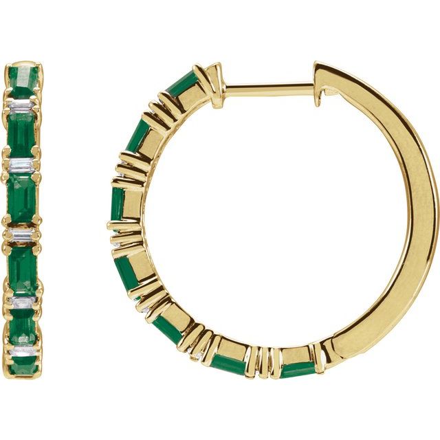 14K Natural Emerald & 1 1/4 CTW Natural Diamond Hoop Earrings