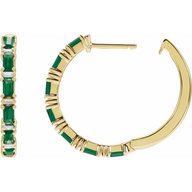 14K Natural Emerald & 1 1/4 CTW Natural Diamond Hoop Earrings