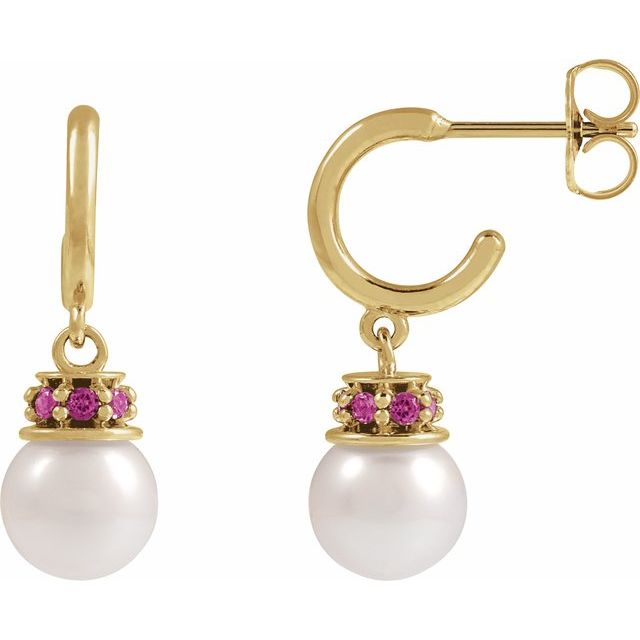 14K Cultured Freshwater Pearl & Natural Pink Tourmaline Hoop Earrings