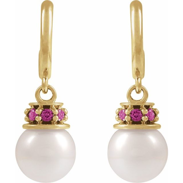 14K Cultured Freshwater Pearl & Natural Pink Tourmaline Hoop Earrings