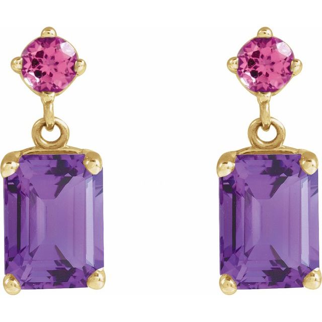 14K Natural Amethyst & Natural Pink Tourmaline Dangle Earrings