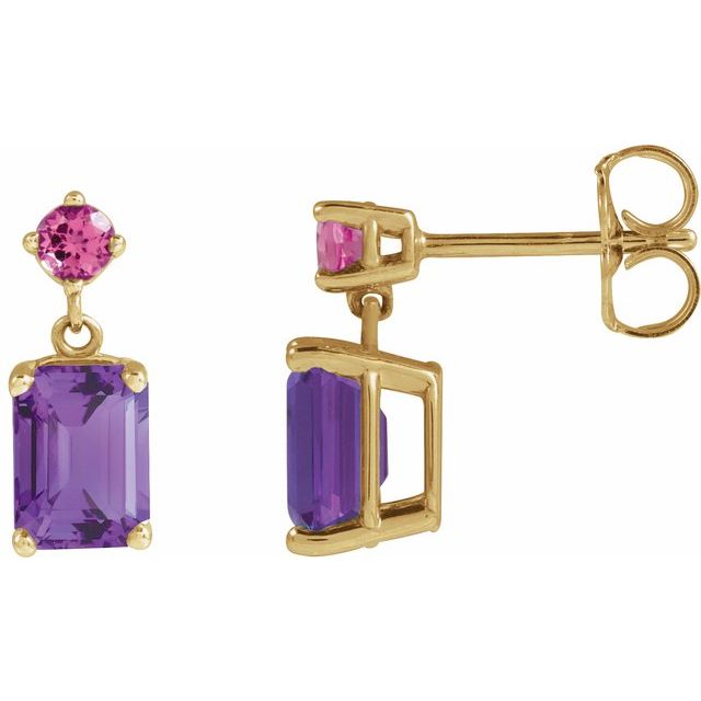 14K Natural Amethyst & Natural Pink Tourmaline Dangle Earrings