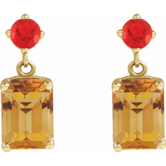 14K Natural Citrine & Natural Mexican Fire Opal Dangle Earrings