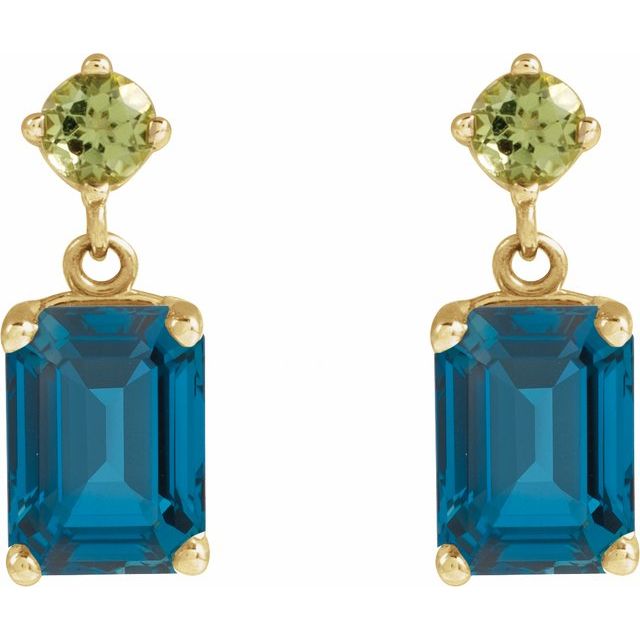 14K Natural London Blue Topaz & Natural Peridot Dangle Earrings