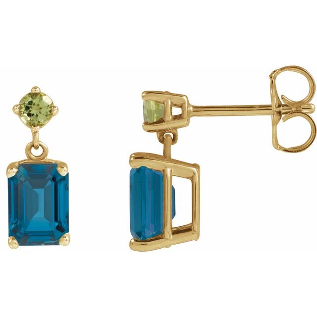 14K Natural London Blue Topaz & Natural Peridot Dangle Earrings