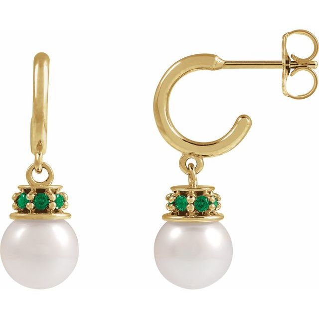 14K Cultured Freshwater Pearl & Natural Tsavorite Garnet Hoop Earrings