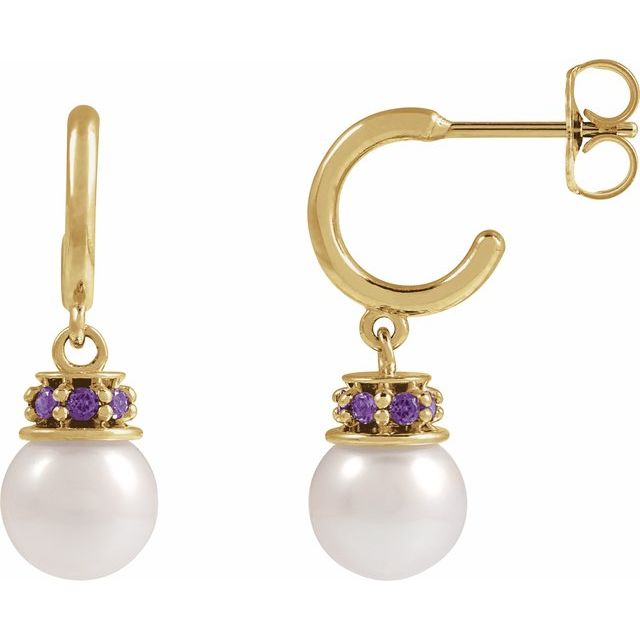 14K Cultured Freshwater Pearl & Lab-Grown Purple Sapphire Hoop Earrings
