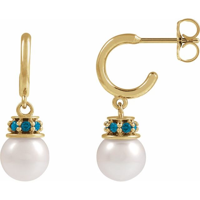 14K Cultured Freshwater Pearl & Natural London Blue Topaz Hoop Earrings