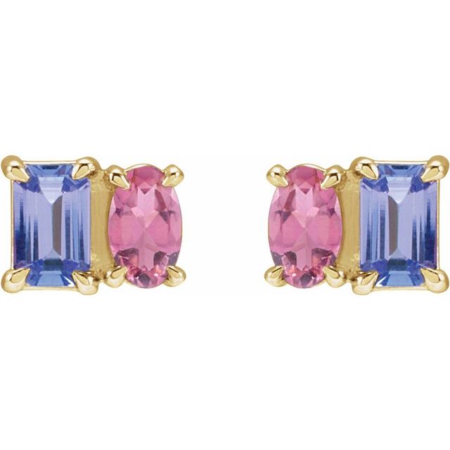 14K Natural Tanzanite & Natural Pink Tourmaline Two-Stone Stud Earrings