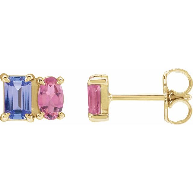14K Natural Tanzanite & Natural Pink Tourmaline Two-Stone Stud Earrings
