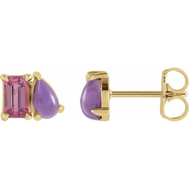 14K Natural Pink Tourmaline & Natural Amethyst Two-Stone Stud Earrings