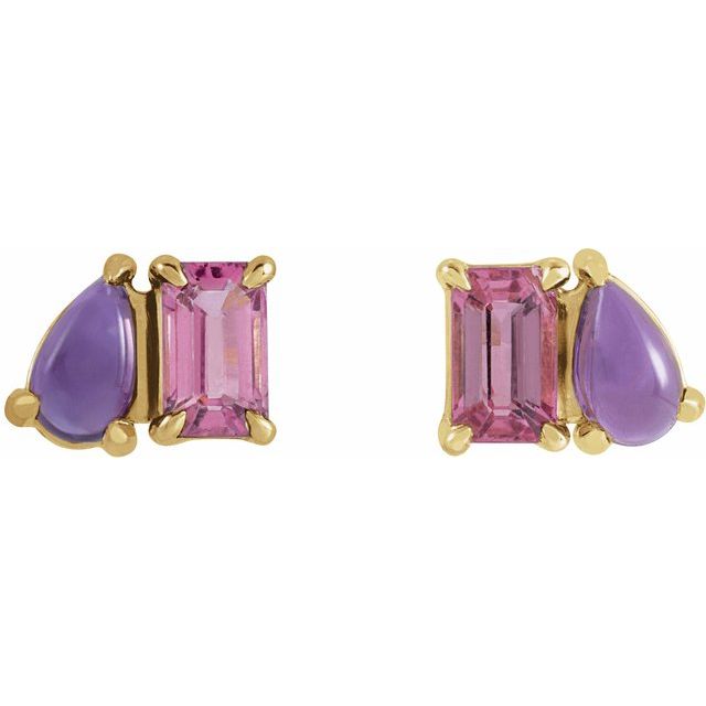 14K Natural Pink Tourmaline & Natural Amethyst Two-Stone Stud Earrings
