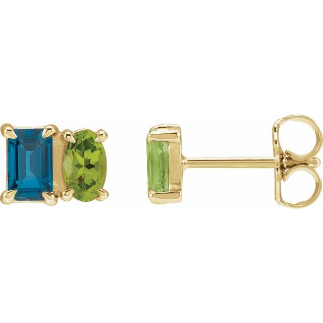 14K Natural London Blue Topaz & Natural Peridot Two-Stone Stud Earrings