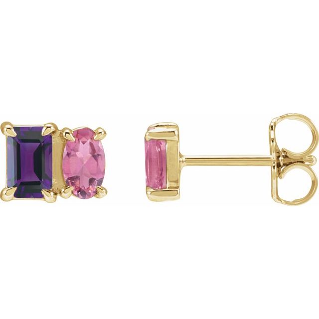 14K Natural Amethyst & Natural Pink Tourmaline Two-Stone Stud Earrings