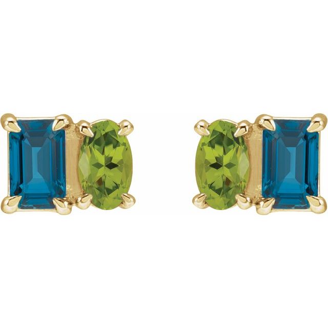 14K Natural London Blue Topaz & Natural Peridot Two-Stone Stud Earrings