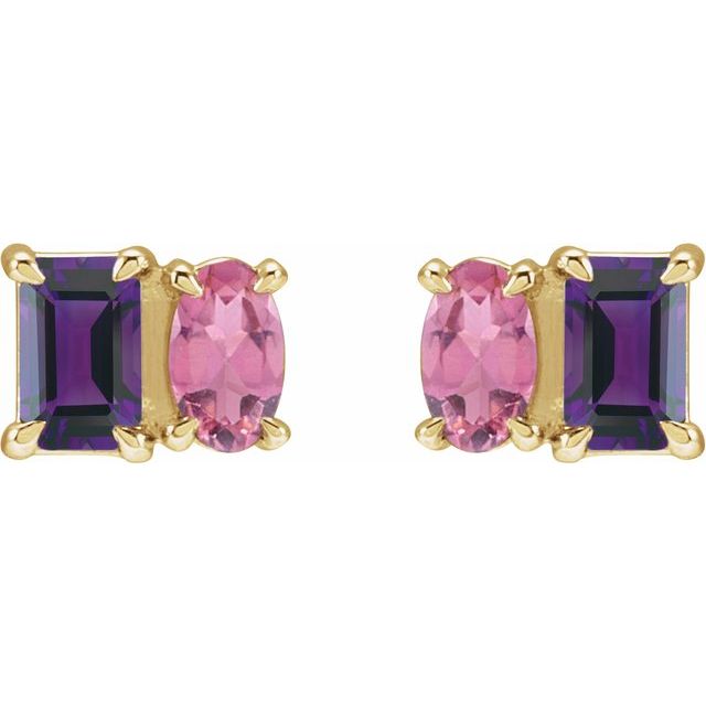 14K Natural Amethyst & Natural Pink Tourmaline Two-Stone Stud Earrings