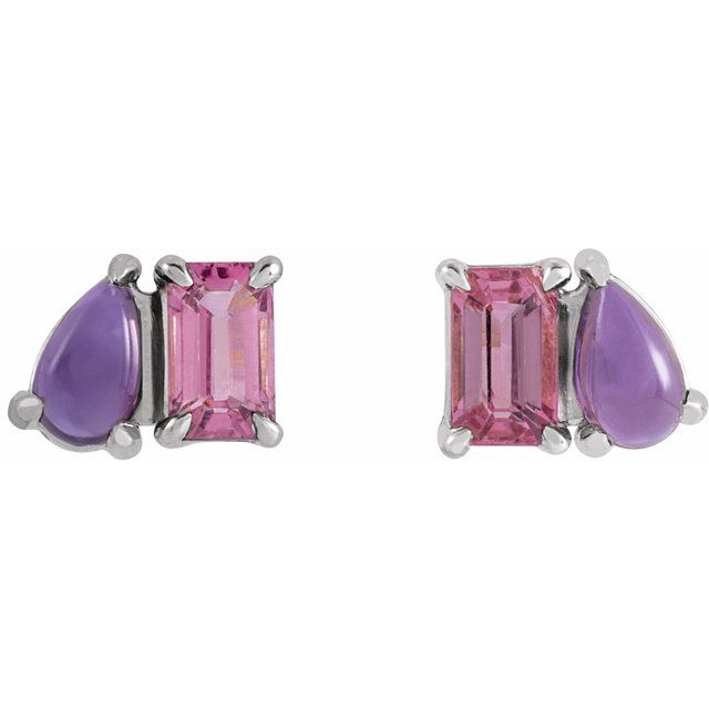 14K Natural Pink Tourmaline & Natural Amethyst Two-Stone Stud Earrings