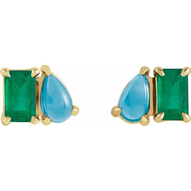 14K Lab-Grown Emerald & Natural Turquoise Two-Stone Stud Earrings