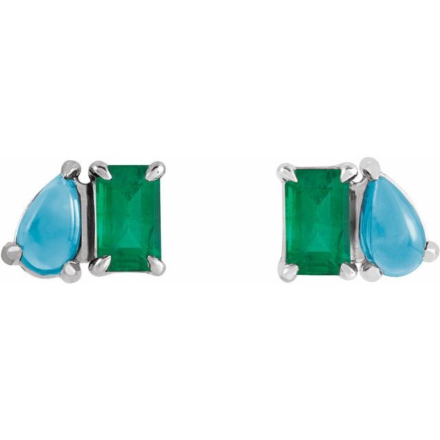 14K Lab-Grown Emerald & Natural Turquoise Two-Stone Stud Earrings