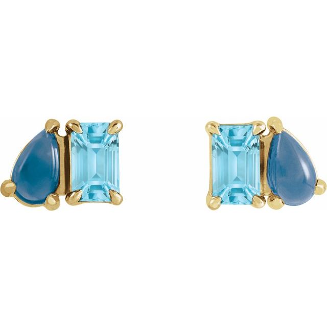 14K Natural Sky Blue Topaz & Natural London Blue Topaz Two-Stone Stud Earrings