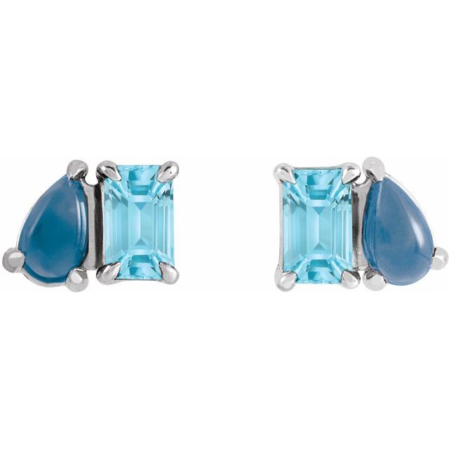 14K Natural Sky Blue Topaz & Natural London Blue Topaz Two-Stone Stud Earrings