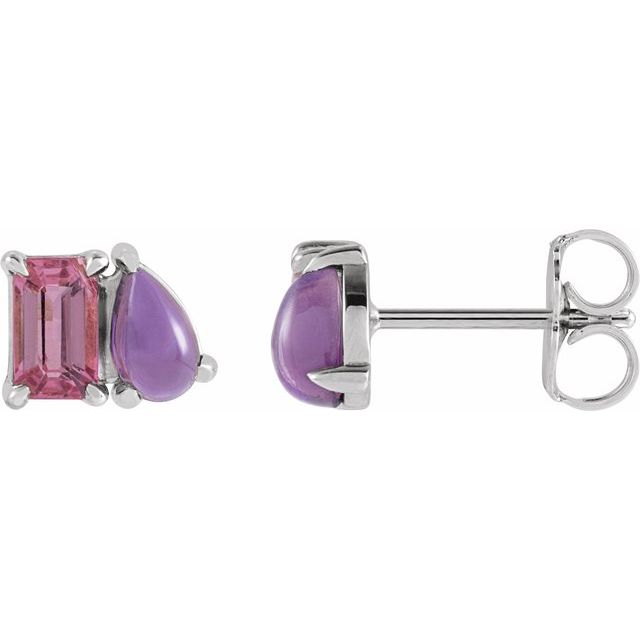 14K Natural Pink Tourmaline & Natural Amethyst Two-Stone Stud Earrings