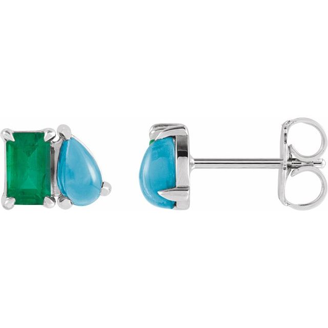 14K Lab-Grown Emerald & Natural Turquoise Two-Stone Stud Earrings