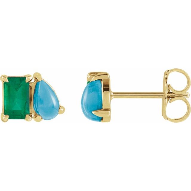 14K Lab-Grown Emerald & Natural Turquoise Two-Stone Stud Earrings