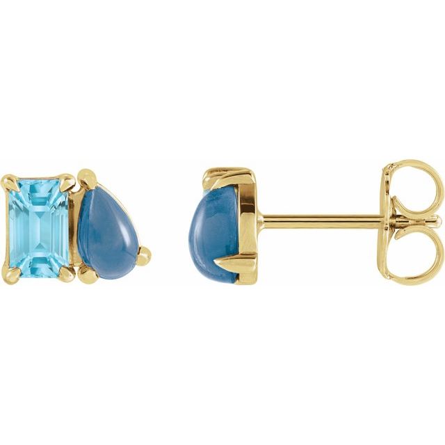 14K Natural Sky Blue Topaz & Natural London Blue Topaz Two-Stone Stud Earrings
