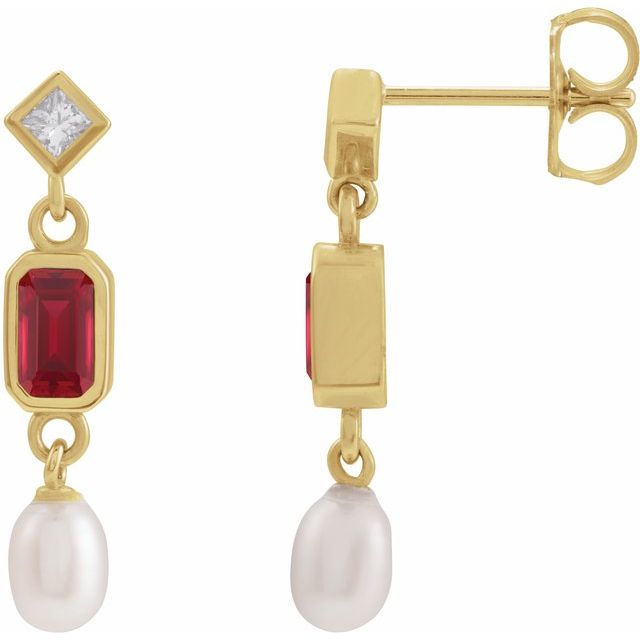 14K Lab-Grown Ruby, Cultured Akoya Pearl & .05 CTW Natural Diamond Earrings
