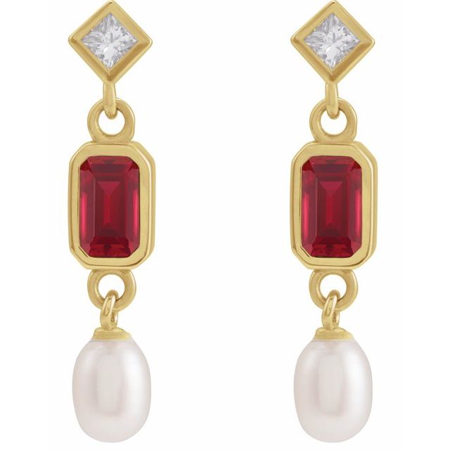 14K Lab-Grown Ruby, Cultured Akoya Pearl & .05 CTW Natural Diamond Earrings