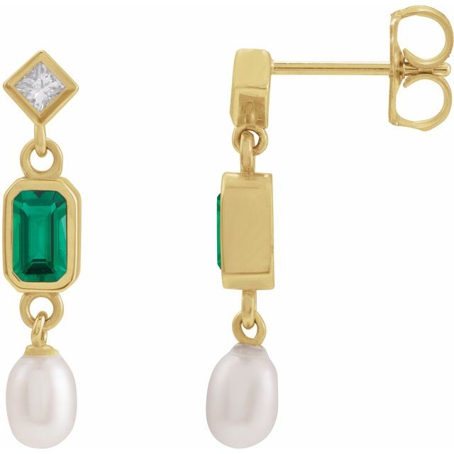 14K Lab-Grown Emerald, Cultured Akoya Pearl & .05 CTW Natural Diamond Earrings
