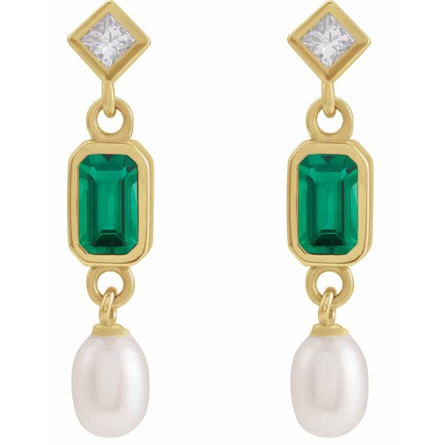 14K Lab-Grown Emerald, Cultured Akoya Pearl & .05 CTW Natural Diamond Earrings