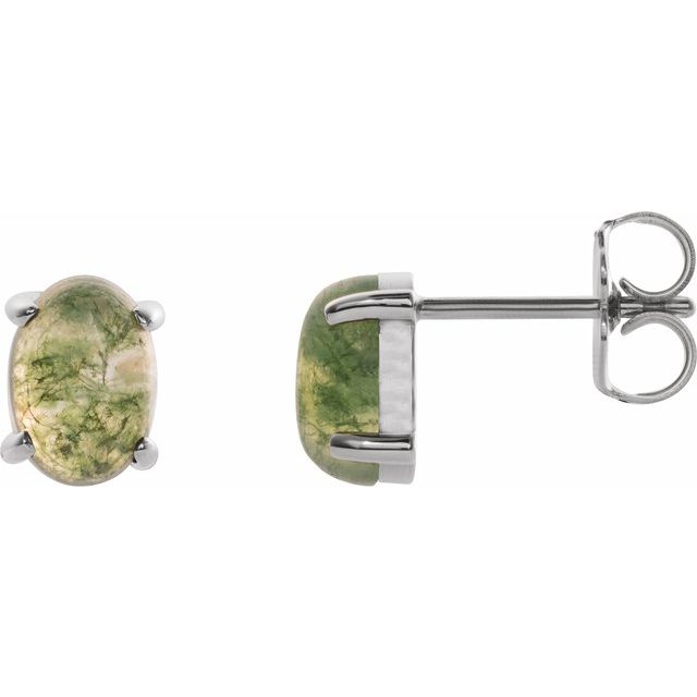 Sterling Silver Oval Natural Moss Agate Earrings