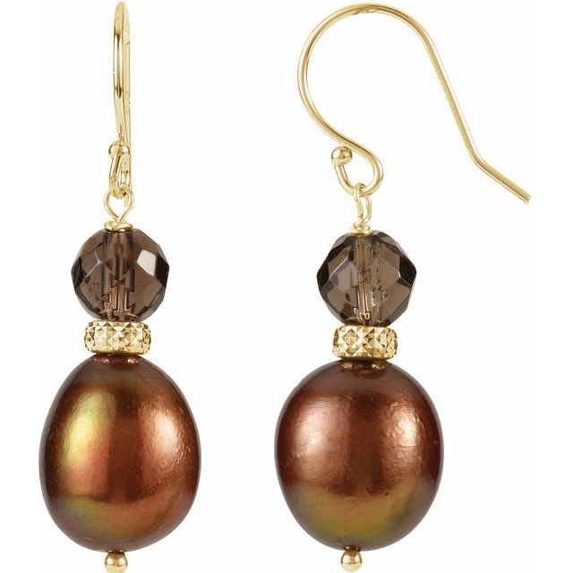 14K Cultured Chocolate Freshwater Pearl & Natural Smoky Quartz Earrings