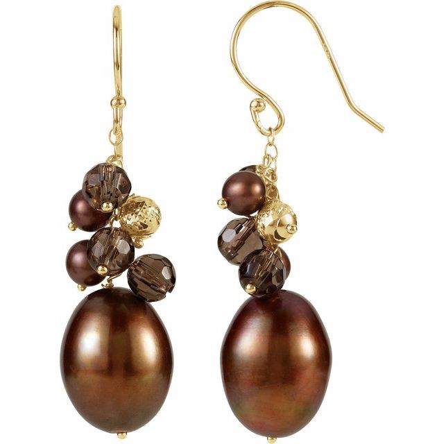 14K Cultured Dyed Chocolate Freshwater Pearl & Natural Smoky Quartz Earrings