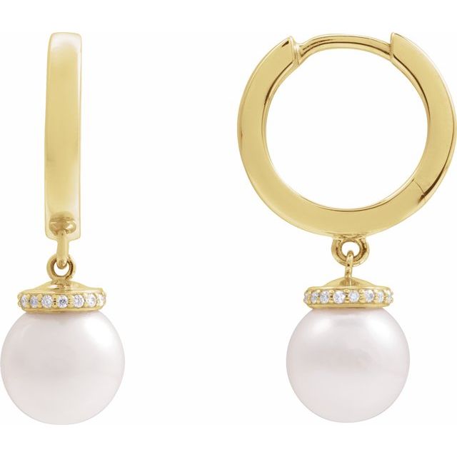 14K Cultured Akoya Pearl & .07 CTW Natural Diamond Hinged Hoop Earrings