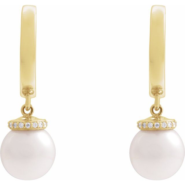 14K Cultured Akoya Pearl & .07 CTW Natural Diamond Hinged Hoop Earrings