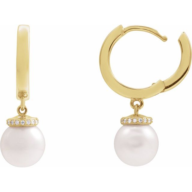 14K Cultured Akoya Pearl & .07 CTW Natural Diamond Hinged Hoop Earrings
