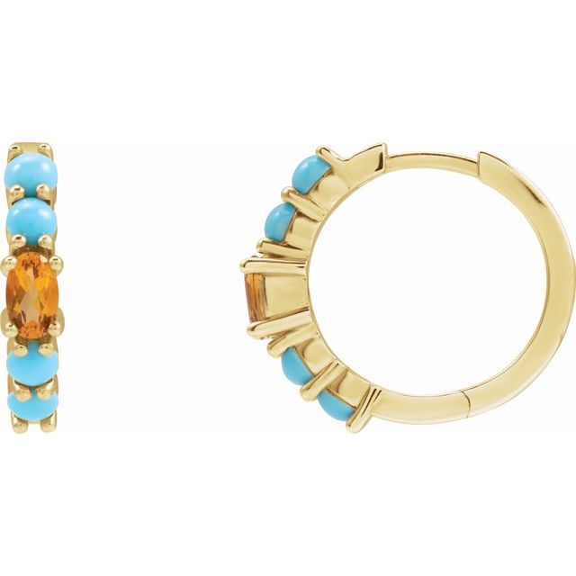14K Natural Citrine & Natural Turqouise Hoop Earrings