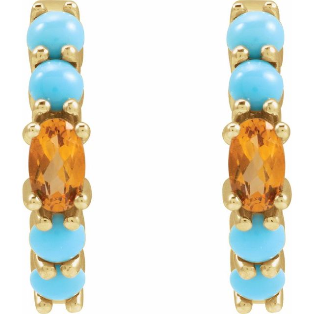 14K Natural Citrine & Natural Turqouise Hoop Earrings