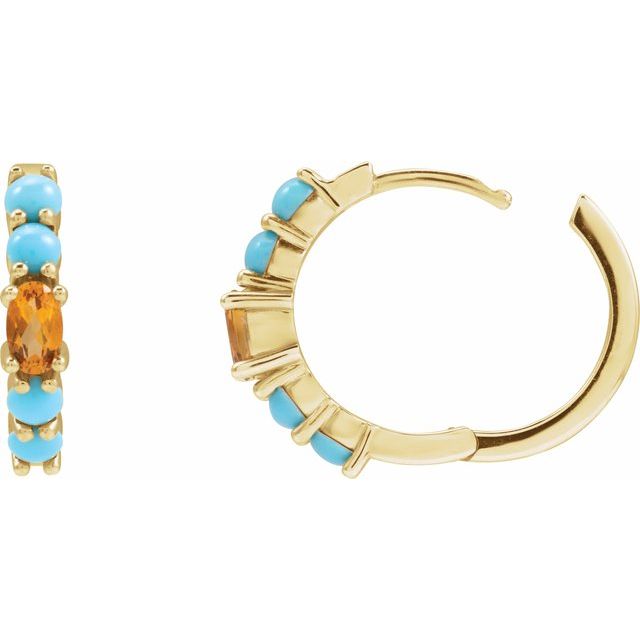 14K Natural Citrine & Natural Turqouise Hoop Earrings