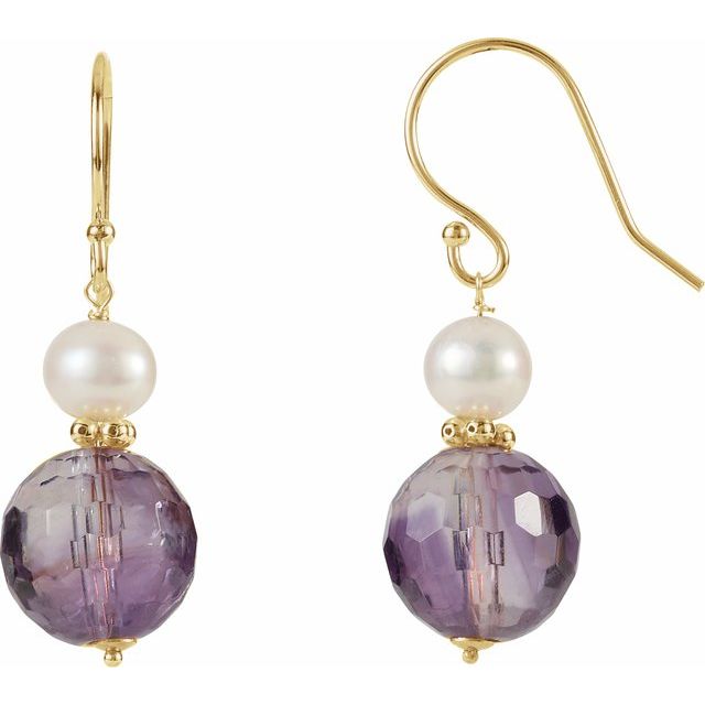 14K Natural Amethyst & Cultured Freshwater Pearl Earrings