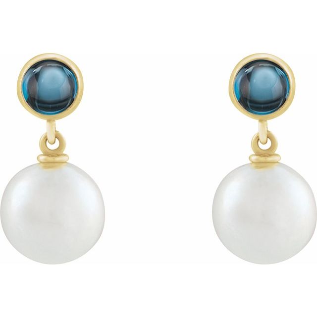 14K Cultured Freshwater Pearl & Natural London Blue Topaz Cabochon Earrings