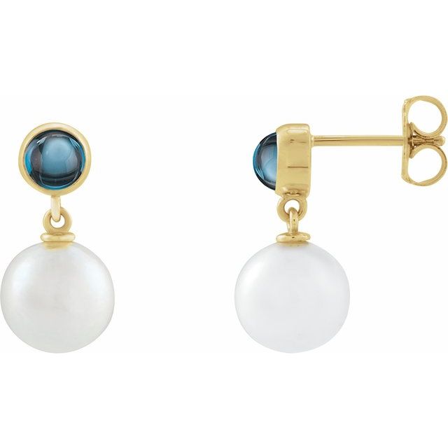 14K Cultured Freshwater Pearl & Natural London Blue Topaz Cabochon Earrings